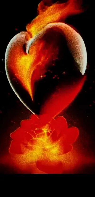 Fiery heart rising above a glowing red rose.