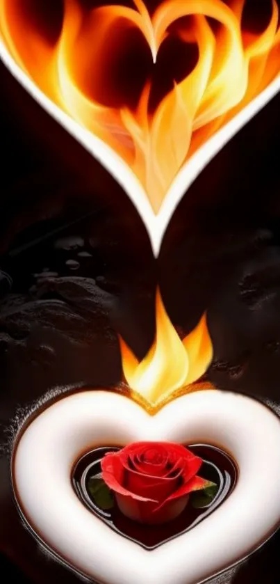Heart with flames featuring a red rose center.
