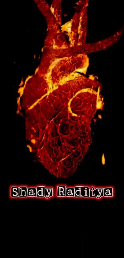 Fiery heart design on black background, ideal for phone wallpaper.