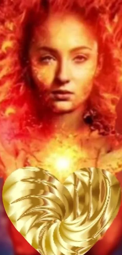 Artistic wallpaper with a fiery figure and golden heart.