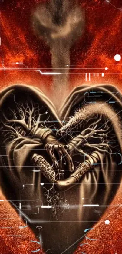 Fiery heart with hands intertwined, vibrant artwork.