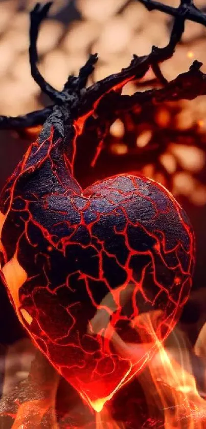 Fiery heart with branch design, glowing in vibrant hues.