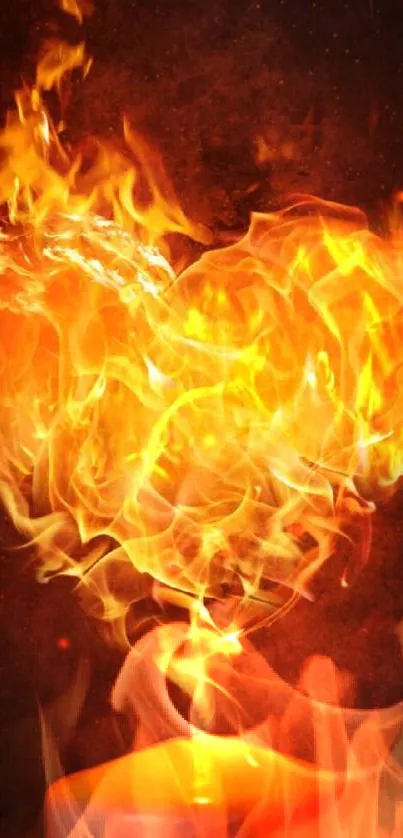 Fiery heart-shaped flames above candle on dark background.