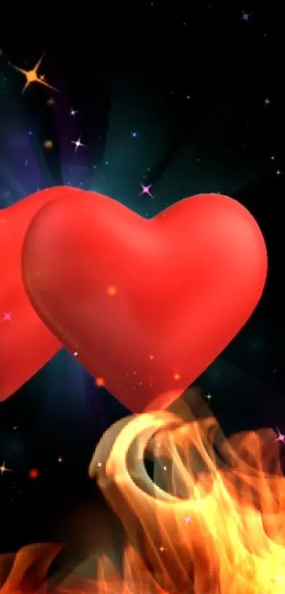 Red glowing hearts with fire and cosmic stars wallpaper.