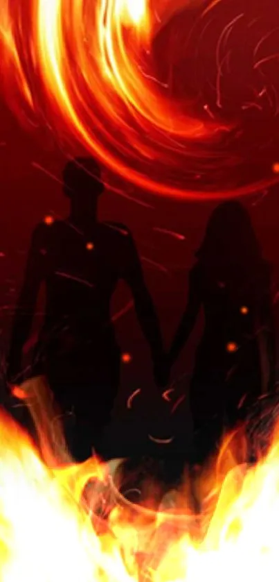 Romantic fiery heart wallpaper with couple silhouette engulfed in vivid flames.