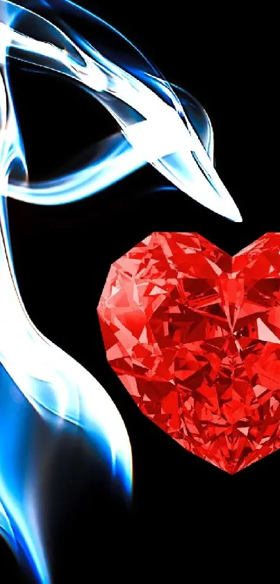 Heart-shaped red crystal with flowing blue smoke on black background.