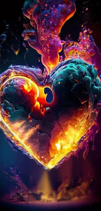 Fiery heart digital art with vibrant flames.