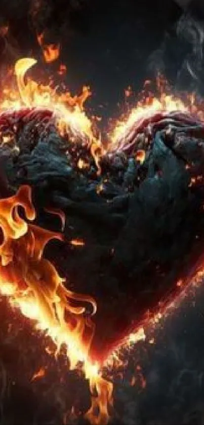 Digital artwork of a heart engulfed in flames on a dark background.