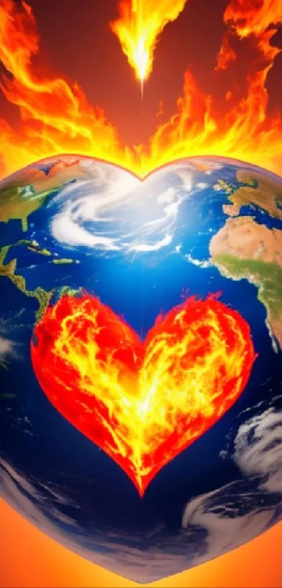 Fiery heart-shaped Earth wallpaper with vivid flames and vibrant colors.