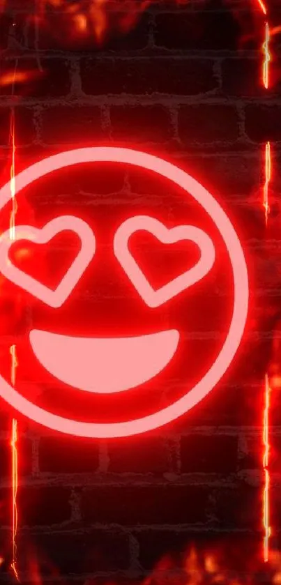 Heart-eyed emoji glowing on fiery brick wallpaper.