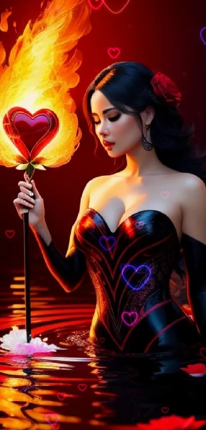 Mystical woman with fiery heart, fantasy wallpaper.