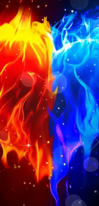 Fiery heart with contrasting flames in vibrant red and blue colors.