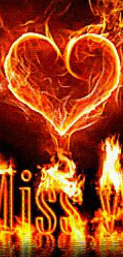 Fiery heart made of flames and text "Miss you"