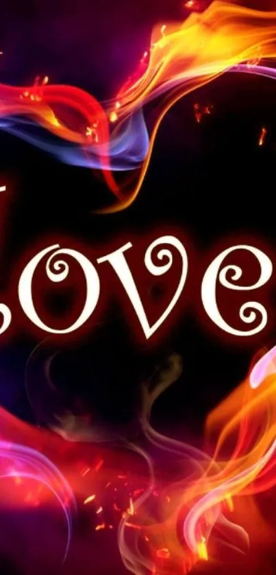 Fiery mobile wallpaper with heart and love text.