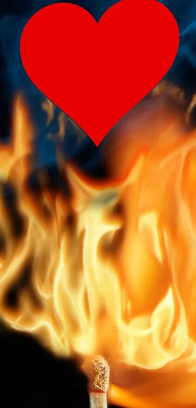 Red heart above vibrant flames on a black background.