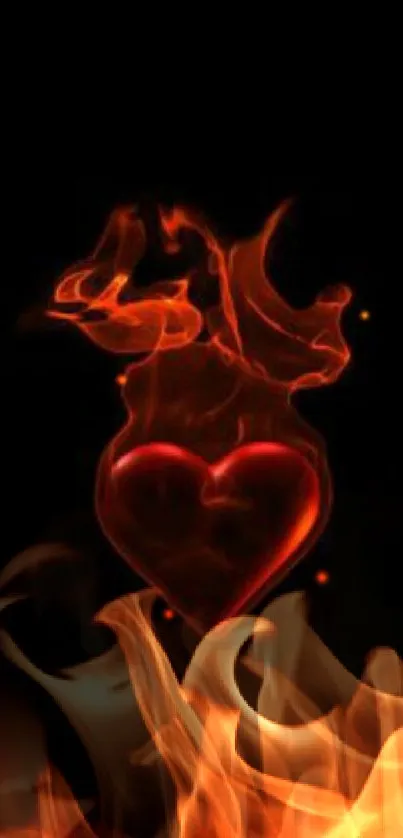 Fiery heart with flames on black background