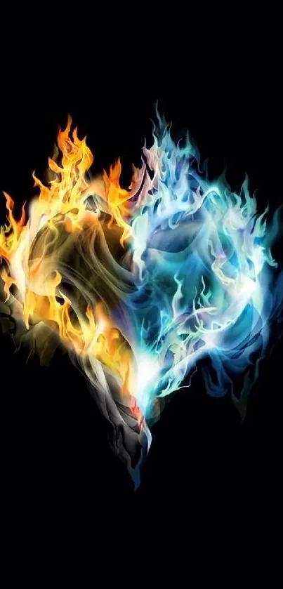 Fiery heart design with colorful flames on black background.
