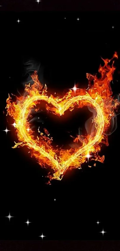 Fiery heart wallpaper with vibrant flames on a black background.