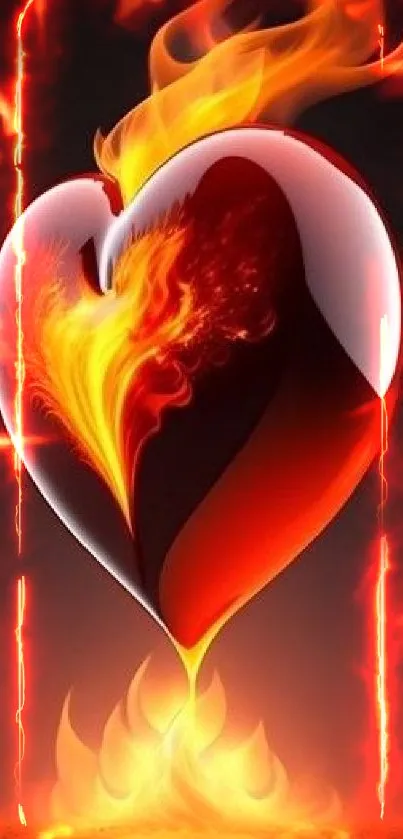 Fiery heart wallpaper with flames on dark background.