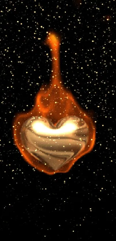 A glowing heart surrounded by flames on a black background.