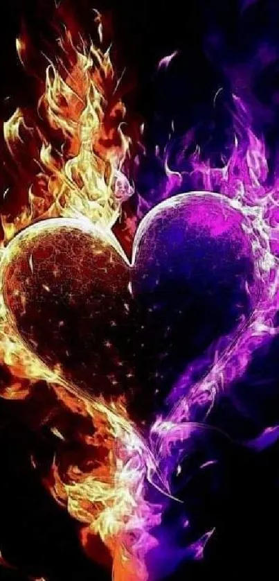 A heart engulfed in vibrant purple and orange flames on a dark background.