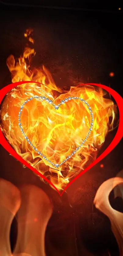 Fiery heart surrounded by flames, with vibrant colors and intense design.