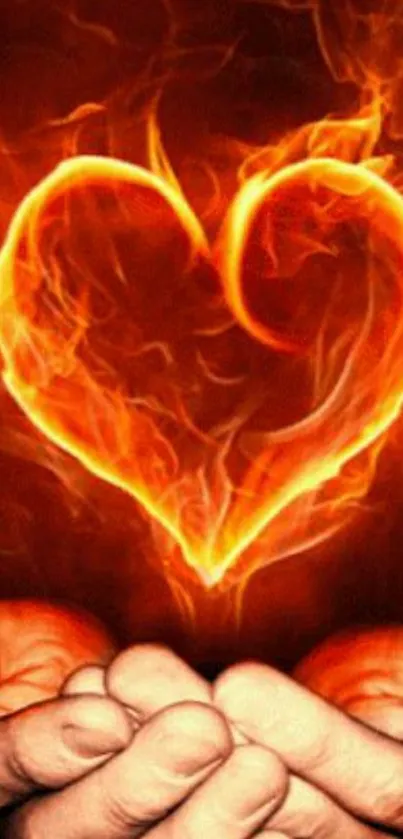 Fiery heart mobile wallpaper with hands cradling a vibrant orange flame heart.