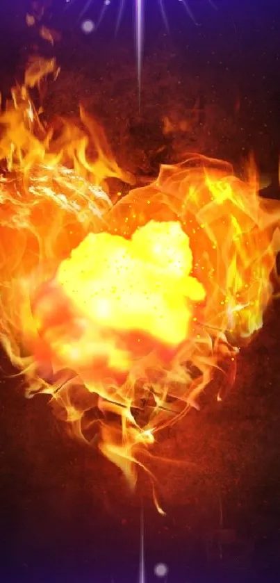 Fiery heart with vibrant flames on a mobile wallpaper background.