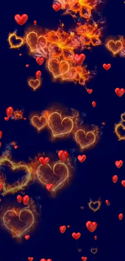 Fiery heart design with orange flames and red hearts on a dark blue background.