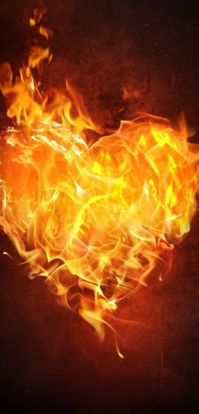 Fiery orange heart made of flames on a dark background, perfect for mobile phones.