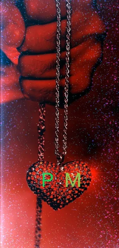 Fiery red wallpaper featuring a heart necklace.