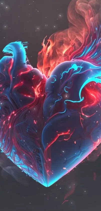 Fiery neon heart glowing on dark background.