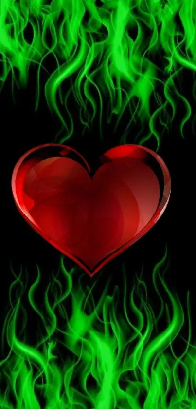 Red heart surrounded by green flames on black background.