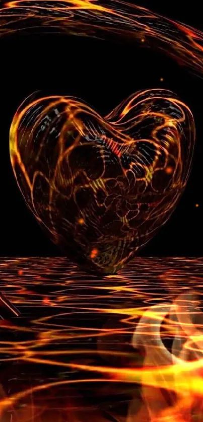 Fiery heart with vivid abstract reflections on a black background.