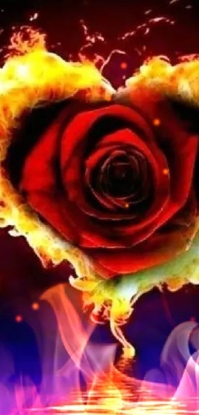 Fiery heart with a red rose in vibrant colors on a mobile wallpaper.