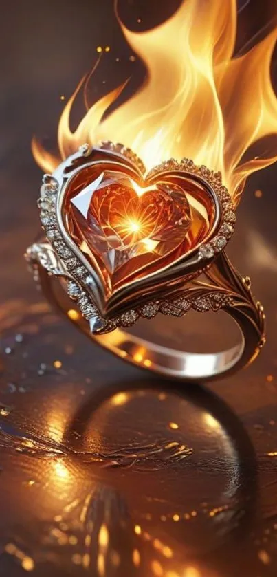 Heart-shaped ring with flames, artistic design