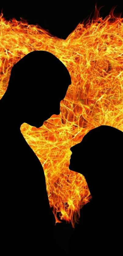 Silhouette of couple with fiery heart background, vibrant and romantic.