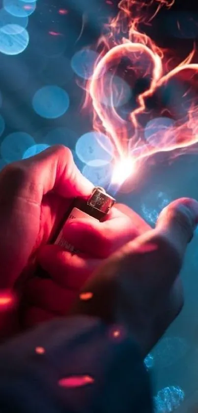 Heart-shaped spark ignited by a lighter against a blue bokeh background.