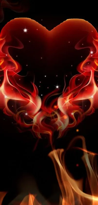 Fiery heart with red flames on dark background.