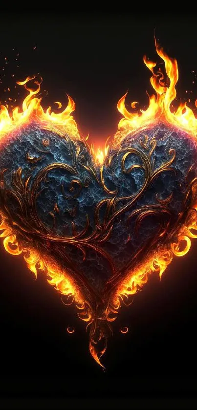 Heart with blue metal wrapped in vibrant orange flames.