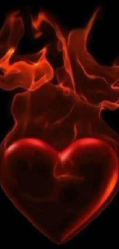 Mobile wallpaper of a heart engulfed in fiery flames on a black background.