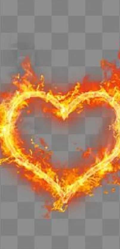 Fiery heart shape with orange flames on transparent background.