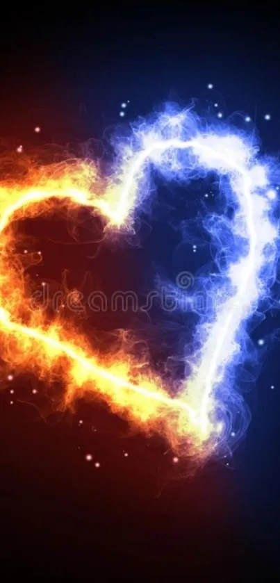 Fiery heart with blue contrast on a mobile wallpaper design.