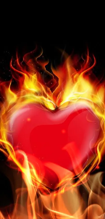 Fiery heart with flames on a black mobile wallpaper background.