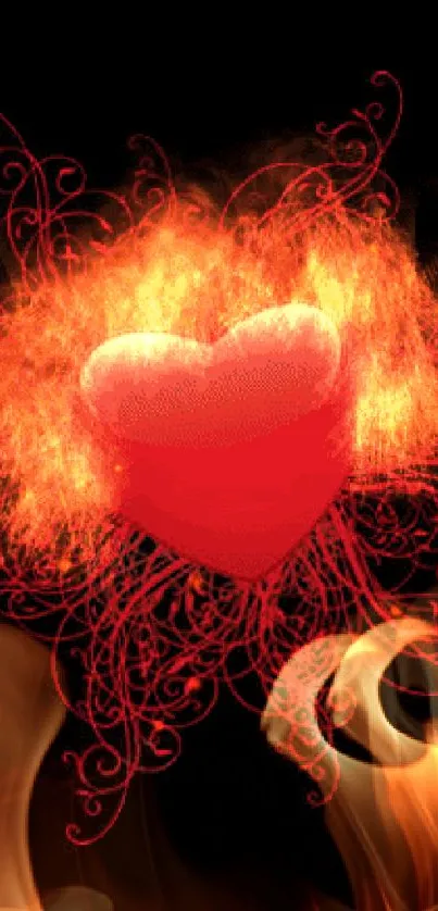 Fiery red heart with flames on dark background.