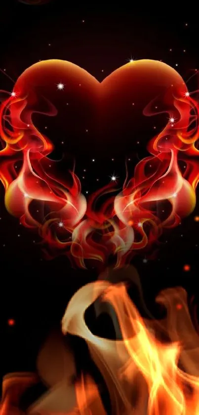 Fiery heart with red flames on black background wallpaper.