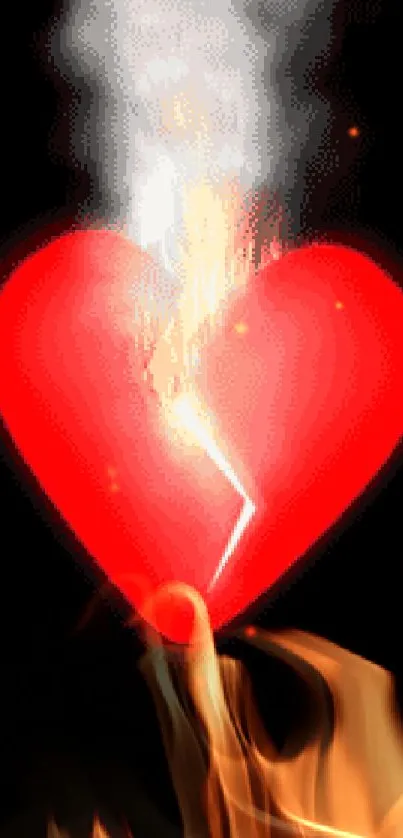 Fiery heart with flames and a dark backdrop.