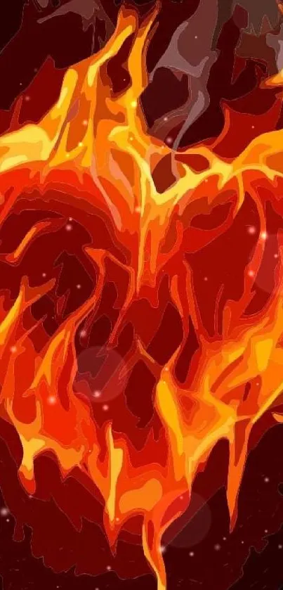 Blazing heart engulfed in bright flames, set on a dark background.