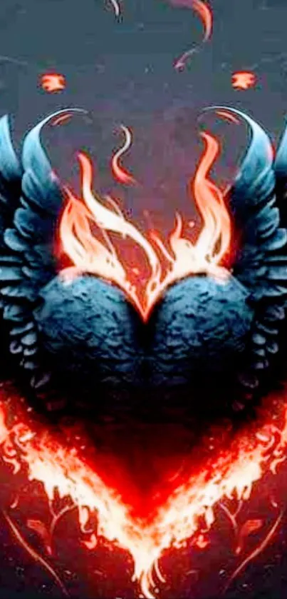 Fiery heart with black wings on dark background wallpaper.