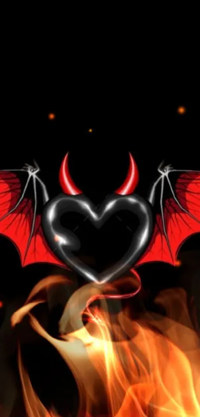 Fiery heart with devilish wings on black background.